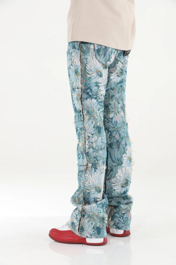Blue Floral Stacked Flare Jeans