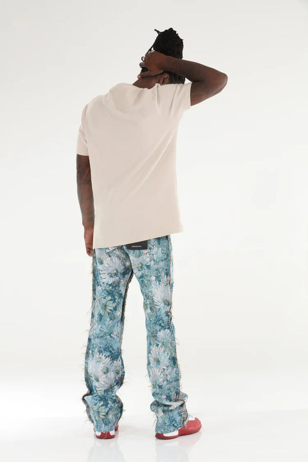 Blue Floral Stacked Flare Jeans