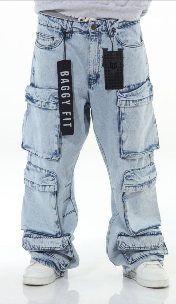 ICE Stone Wash Pocket Baggy Fit Denim Jeans