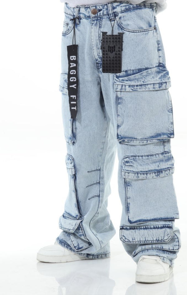 ICE Stone Wash Pocket Baggy Fit Denim Jeans
