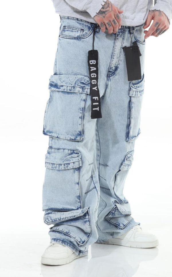 ICE Stone Wash Pocket Baggy Fit Denim Jeans