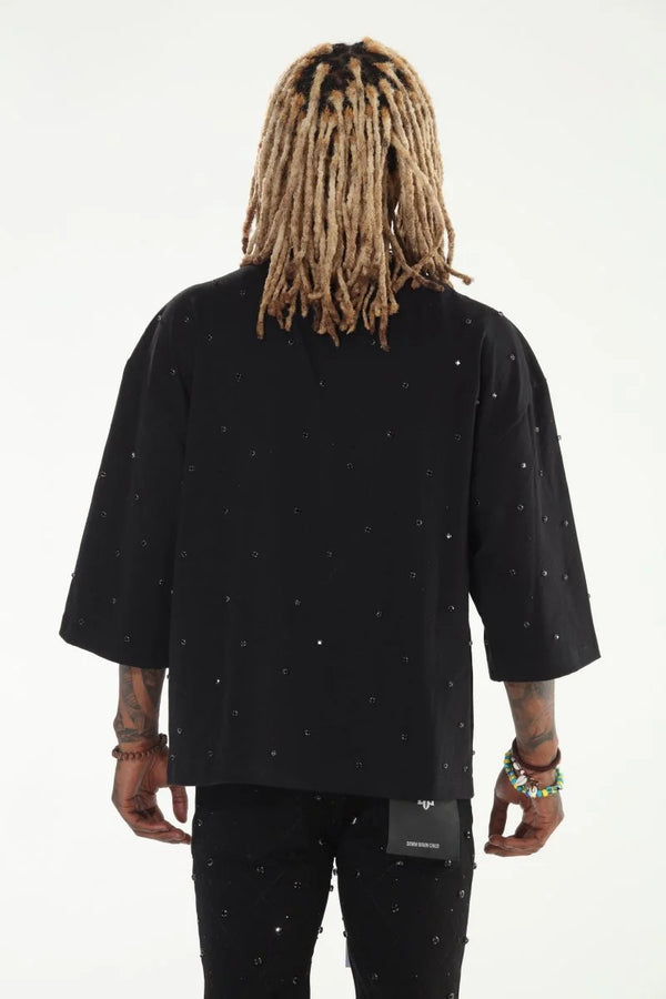 Oversized Black Cropped Rhinestone T-Shirt