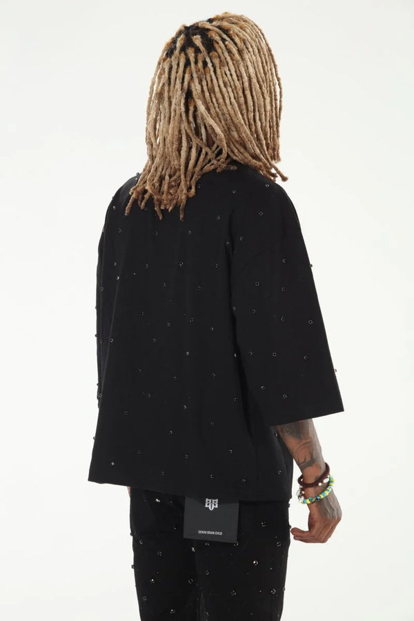 Oversized Black Cropped Rhinestone T-Shirt