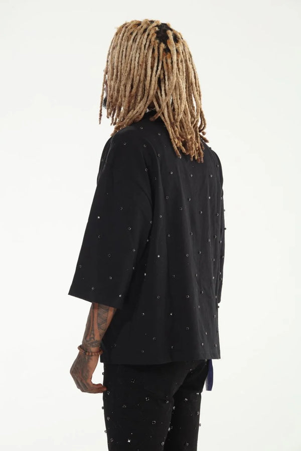 Oversized Black Cropped Rhinestone T-Shirt