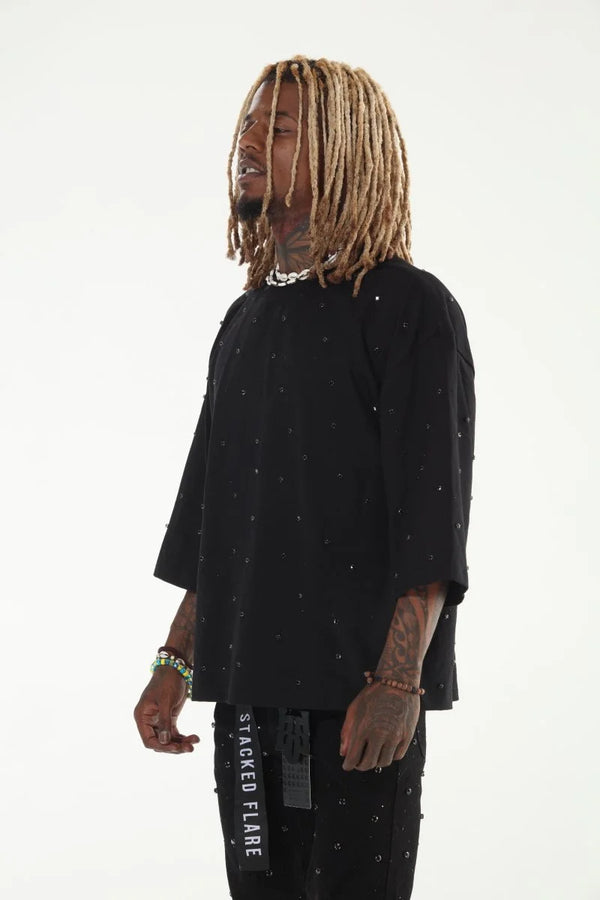 Oversized Black Cropped Rhinestone T-Shirt